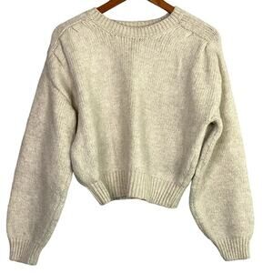 ZARA Cropped Ribbed Hems Long Sleeve Crew Neck Chunky Knit Sweater Small Cream